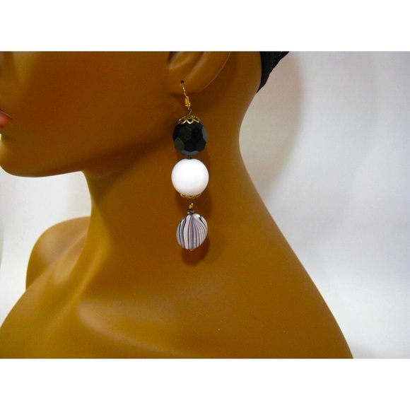 Mega White Black Retro style vintage Beaded Crystal accent 3 inch Drop Earrings - Picture 7 of 8